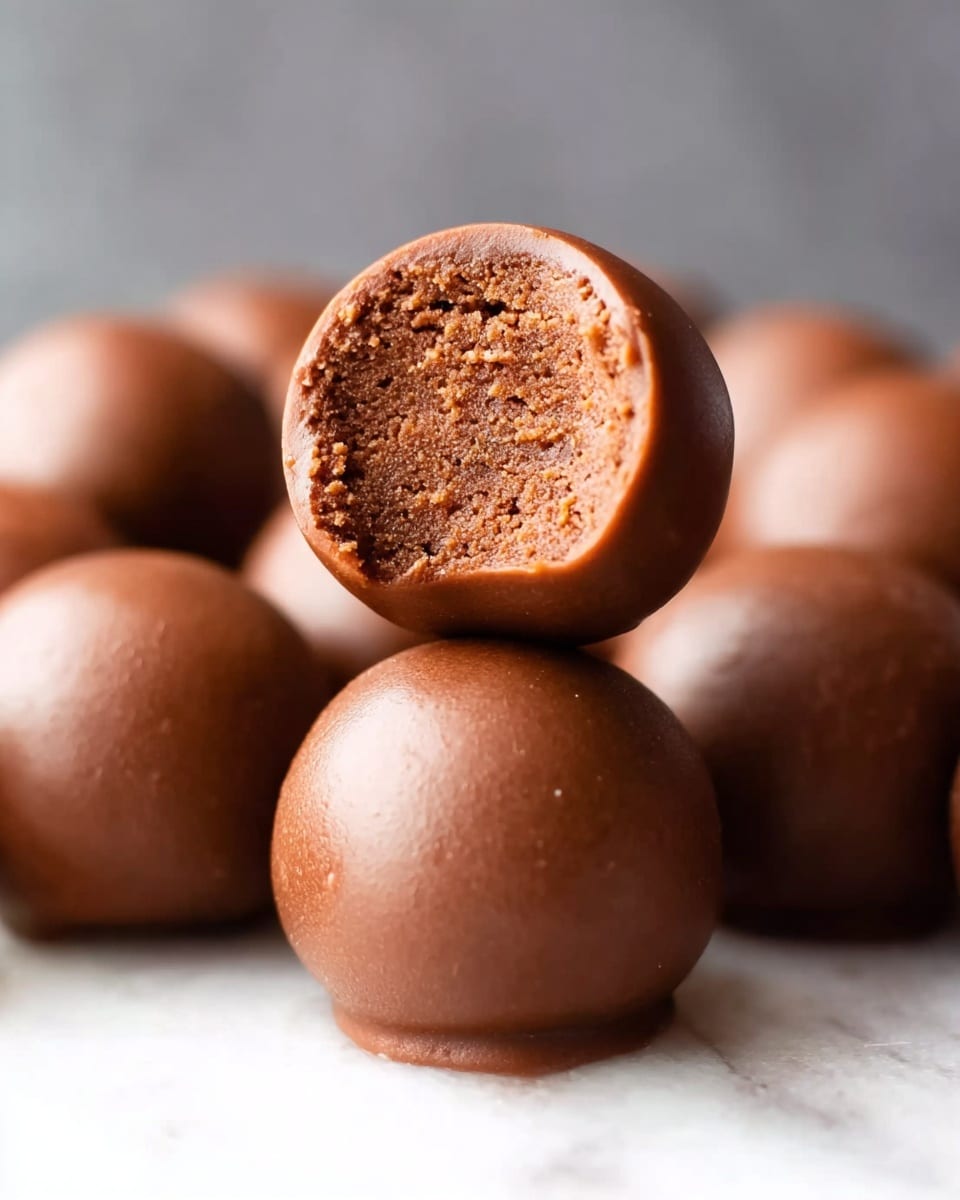 The image shows a close-up of smooth, round chocolate balls arranged on a white marbled surface. There are two layers: the bottom layer has a solid chocolate ball, and the top layer has a similar ball with a bite taken out, showing a soft, crumbly inside with a lighter brown color. The chocolate coating on the outside is shiny and smooth, giving a rich chocolate look. The focus is sharp on the two stacked balls, with other chocolate balls blurred softly in the background. Photo taken with an iphone --ar 4:5 --v 7