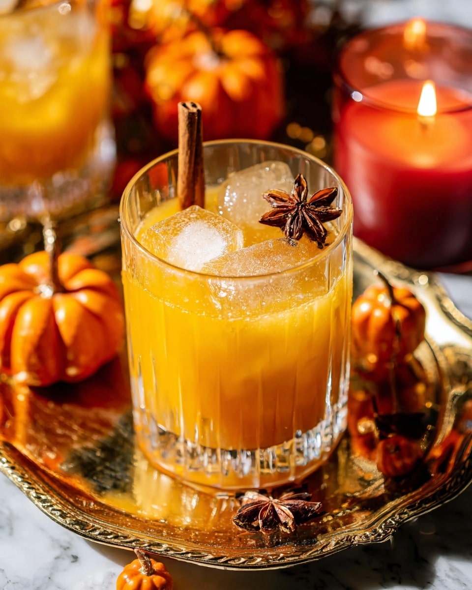 A clear glass tumbler filled with an orange-yellow drink, showing two large ice cubes floating inside. On top, there is a cinnamon stick standing up along with a star anise resting on the surface. The glass sits on a fancy golden tray decorated with small, glossy orange mini pumpkins scattered around. In the background, a reddish-orange candle and more mini pumpkins are slightly blurred. The whole scene rests on a white marbled texture. photo taken with an iphone --ar 4:5 --v 7
