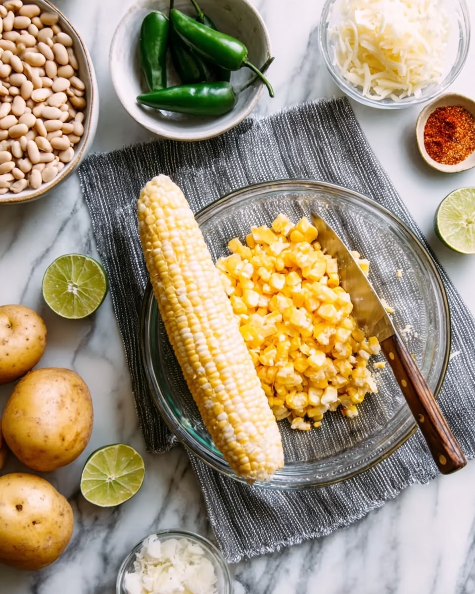 A clear glass bowl sits on a grey striped cloth on a white marbled surface, holding one full cob of pale yellow corn and a pile of bright corn kernels with a wooden-handled knife resting among them. Around the bowl are small white bowls and dishes, including one with pale beige beans, one with shredded white cheese, one with lime wedges, and one with red chili powder and salt. There are also fresh green jalapeños in a white bowl, two golden potatoes in another white bowl, and a light brown onion partially visible in the background. Photo taken with an iphone --ar 4:5 --v 7