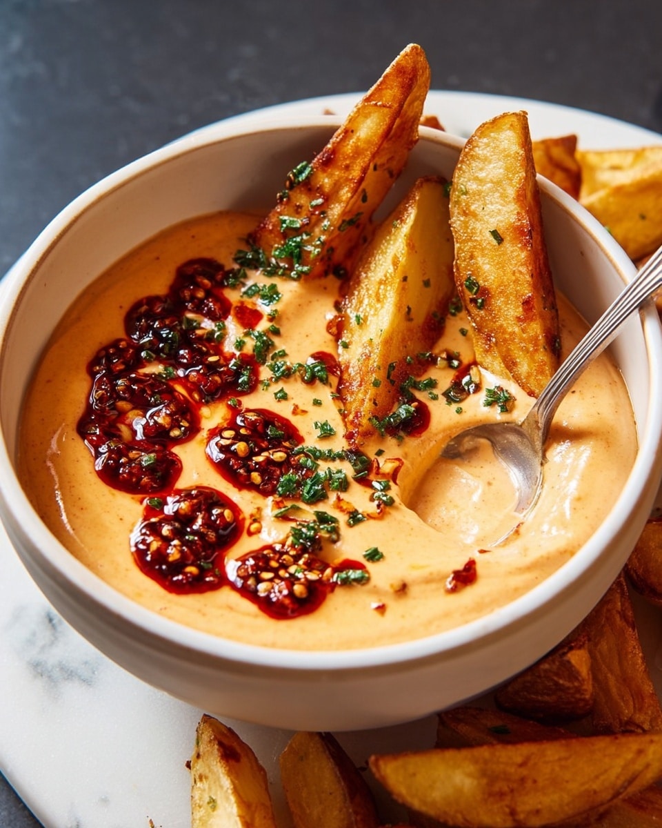 A white bowl filled with three main layers: the bottom layer is smooth creamy light orange sauce, the middle layer has dollops of dark red chili oil with small visible chili seeds, and the top layer is sprinkled with small green herb pieces. The bowl is set on a white marbled surface with thick golden-brown potato wedges scattered around. A metal spoon is placed inside the bowl, resting against the edge. The photo taken with an iphone --ar 4:5 --v 7
