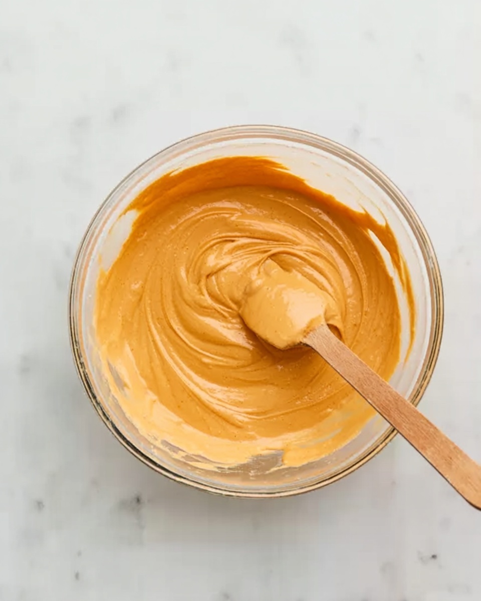 A clear glass bowl filled with smooth, creamy orange batter with a wooden spatula resting inside. The batter is thick and swirled in the center, showing a glossy texture. The bowl is placed on a white marbled surface. photo taken with an iphone --ar 4:5 --v 7