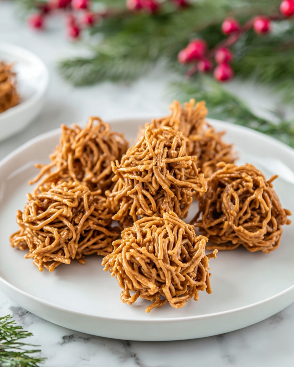 The image shows five clusters of light brown, twisted noodle-like shapes, piled loosely on a round white plate. Each cluster is textured with many thin sticks coated in a shiny, smooth coating, giving a somewhat glossy and soft look. The white plate sits on a white marbled surface with some green pine branches and small red berries blurred in the background, adding a festive feel. The clusters are irregular in shape but similar in size, arranged with some space between them to show their details clearly. Photo taken with an iphone --ar 4:5 --v 7