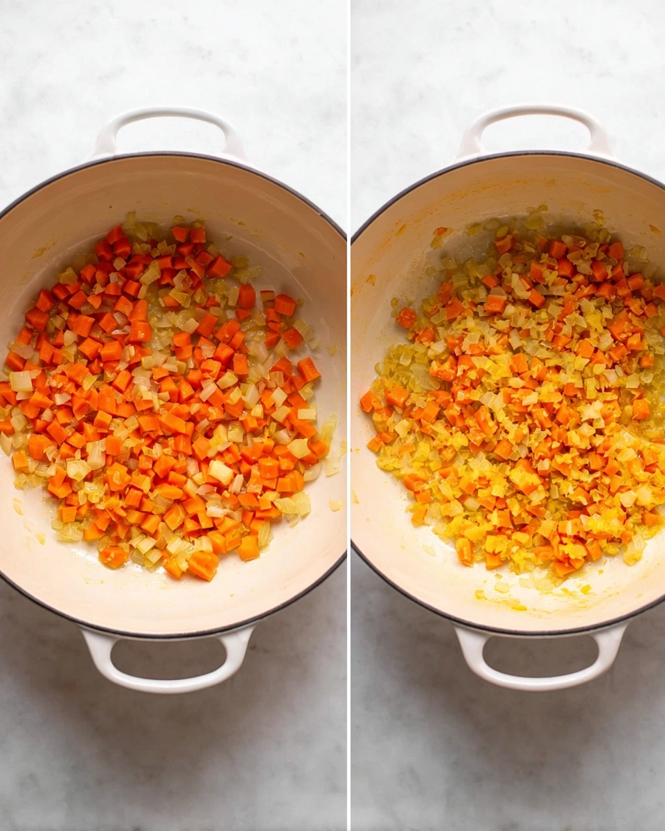 The image shows two white cooking pots on a white marbled surface, each filled with diced vegetables being cooked. The pot on the left contains small cubes of orange carrots and light yellow onions, evenly spread out with a slightly shiny texture from oil. The pot on the right shows the same vegetables but finely crushed or mashed, blending into a more uniform texture with the orange and yellow colors merging together. Both pots have handles on the sides and the lighting highlights the warm tones of the vegetables inside. photo taken with an iphone --ar 4:5 --v 7