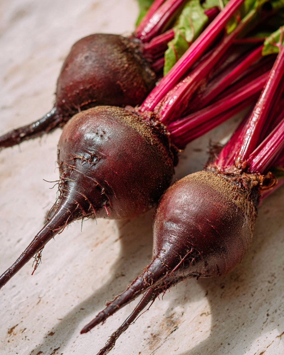 The image shows three fresh beetroots lying side by side on a white marbled surface. Each beetroot has a round, rough, dark reddish-brown root with dry soil clinging to its surface. Attached to the root are several long, slender, deep pinkish-red stems that extend upwards, leading to green leaves partially visible at the edges. The texture of the roots is coarse and rugged, while the stems are smooth and shiny. The lighting highlights the natural colors and the earthy tones of the beetroots in a close-up view. Photo taken with an iphone --ar 4:5 --v 7
