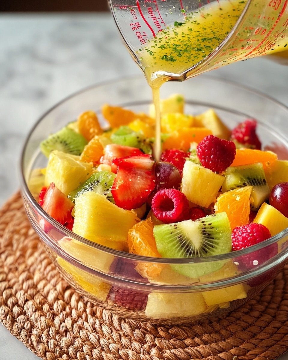 A clear glass bowl filled with a colorful fruit salad sits on a white marbled textured surface with a woven placemat underneath. The salad has many layers of bright fruits: light yellow pineapple chunks, orange tangerine slices, green kiwi slices with black seeds, red strawberries cut in halves, raspberries, small pieces of yellow mango, and reddish grape halves. A woman's hand is pouring a light yellow dressing with visible green herbs from a measuring cup into the bowl, with droplets falling onto the fruit below. photo taken with an iphone --ar 4:5 --v 7