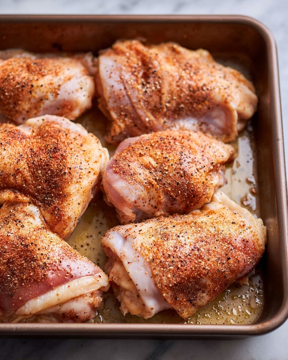 Several pieces of raw chicken thighs lay close together in a baking pan, each covered with a layer of reddish-brown spices and black pepper. The chicken skin is light pink with some white fat visible under the seasoning. The pan has a slight shine from oil droplets and rests on a white marbled surface. photo taken with an iphone --ar 4:5 --v 7