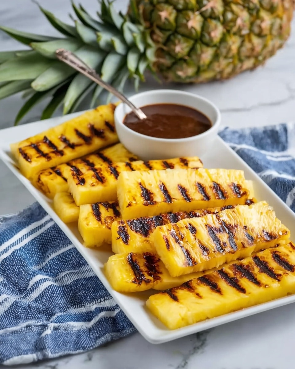 A white rectangular plate holds eight slices of grilled pineapple arranged in a neat grid, each slice showing bright yellow flesh with dark char lines running horizontally across. To the right of the plate, there is a small white bowl filled with a dark brown sauce, a silver spoon resting inside. The setting includes a white marbled surface with a blue and white striped cloth under the plate. A whole pineapple with green spiky leaves is visible in the background. photo taken with an iphone --ar 4:5 --v 7