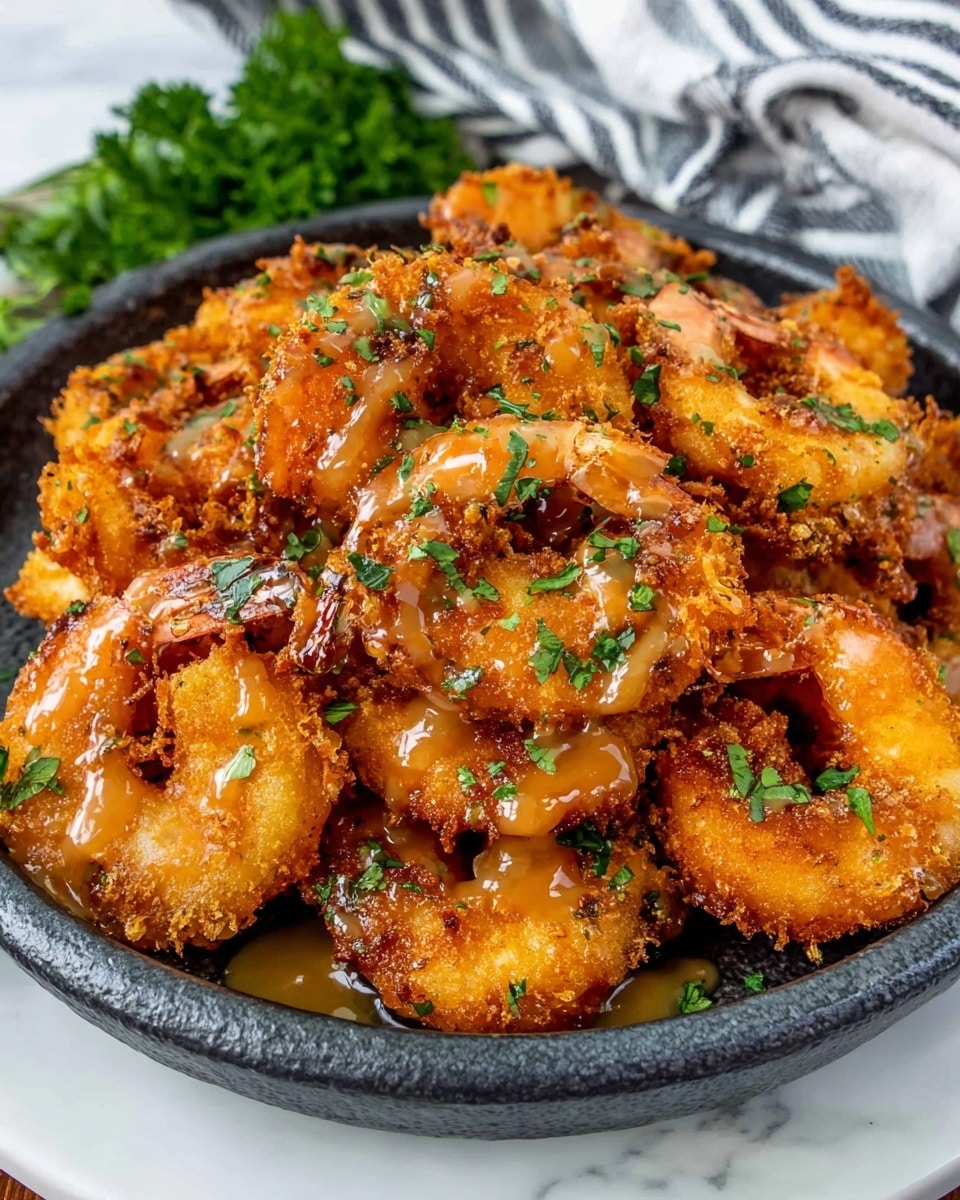 A dark round pan filled with a large pile of golden brown fried shrimp, each shrimp covered with a crunchy texture and drizzled with a light brown sauce. Small bright green herb pieces are sprinkled on top and around the shrimp, adding pops of color. The pan sits on a white marbled surface with some fresh green herbs and a striped cloth in the blurry background. Photo taken with an iphone --ar 4:5 --v 7