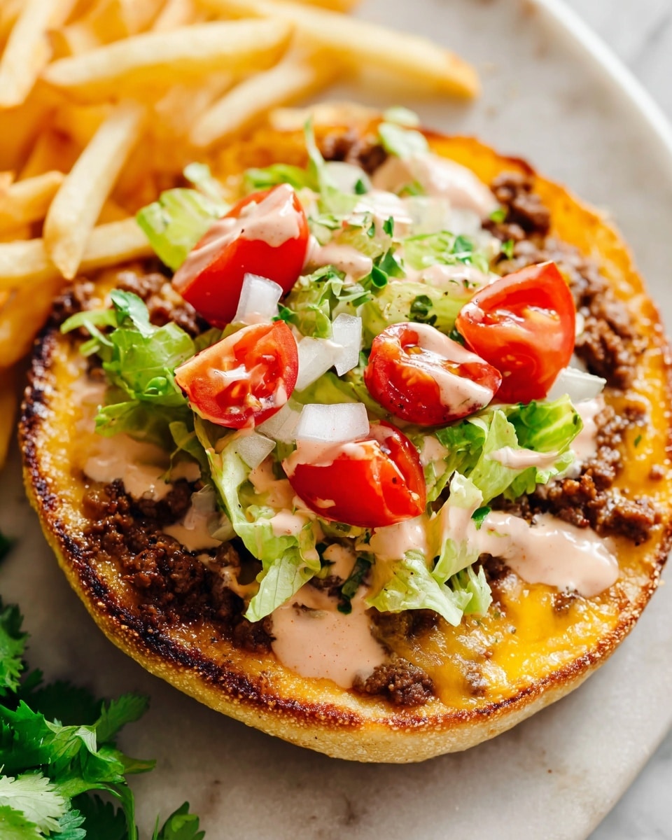The image shows a small round flatbread sandwich with four visible layers: the bottom layer is a golden toasted flatbread with melted cheddar cheese and browned ground beef beneath it; on top of that, there is a layer of light pink creamy sauce spread unevenly; then fresh chopped green lettuce and halved bright red cherry tomatoes are scattered on the sauce; finally, small pieces of white onion add texture on top. The sandwich sits on a light-colored surface with golden French fries blurred in the background and some green cilantro on one side, all on a white marbled texture. photo taken with an iphone --ar 4:5 --v 7