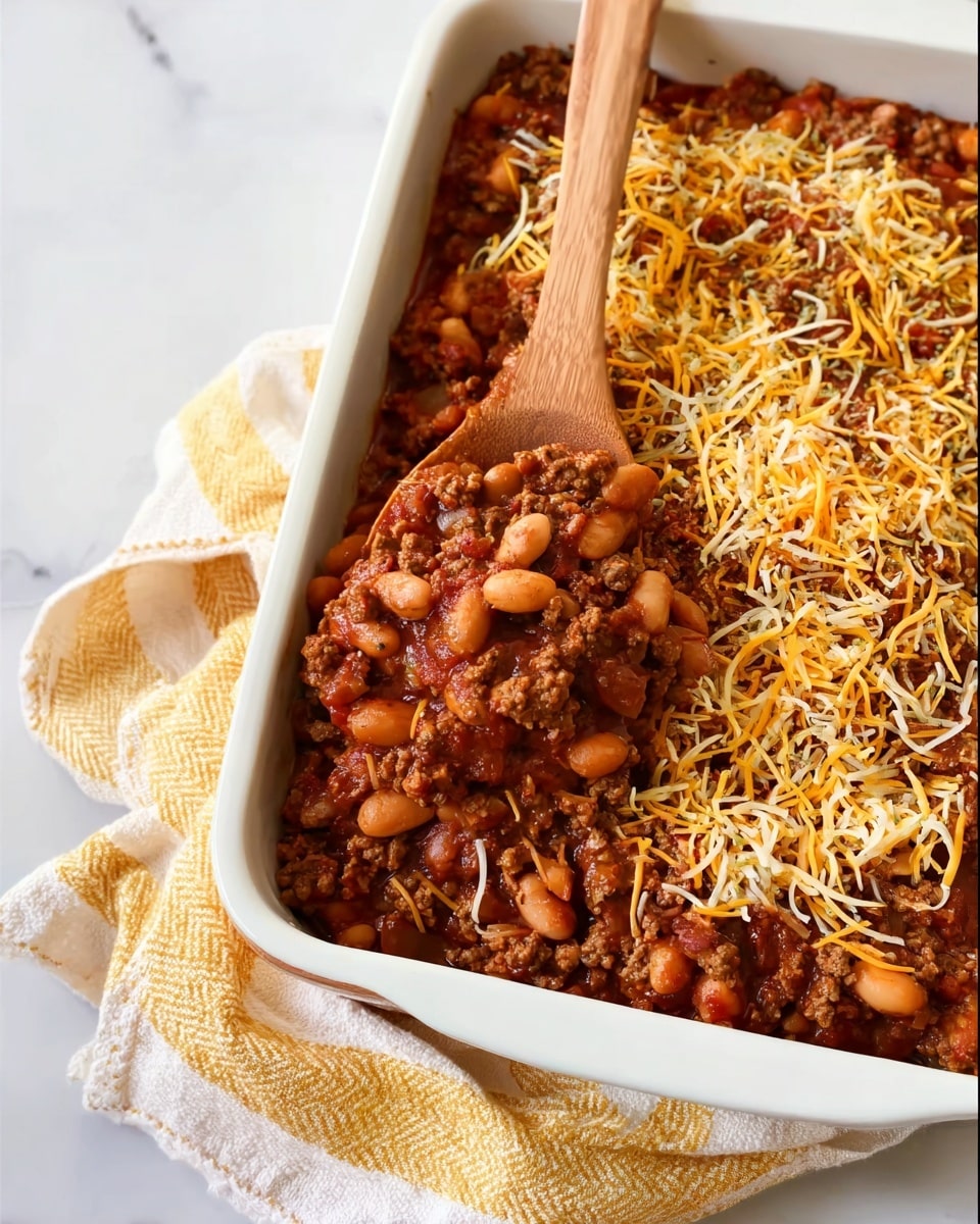 A white rectangular dish filled with a layered chili mix; the bottom layer appears to be a deep red sauce, topped with browned ground meat mixed with soft, small light brown beans, and scattered with shredded cheese in orange and white colors. A wooden spoon is scooping some of the chili mixture from the dish. The dish is placed on a yellow and white striped cloth over a white marbled surface. Photo taken with an iphone --ar 4:5 --v 7