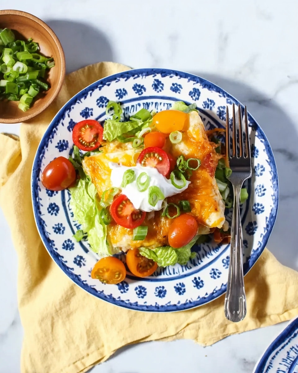 A white plate with blue circular patterns holds a layered dish starting with a base of melted golden cheese topped by chopped green lettuce. Cherry tomatoes, both red and orange, are scattered on the lettuce, adding bright spots of color. A small dollop of white sour cream sits in the center, and thinly sliced green onions are sprinkled over the top. A fork rests on the right side of the plate, all placed on a light yellow cloth on a white marbled surface. photo taken with an iphone --ar 4:5 --v 7
