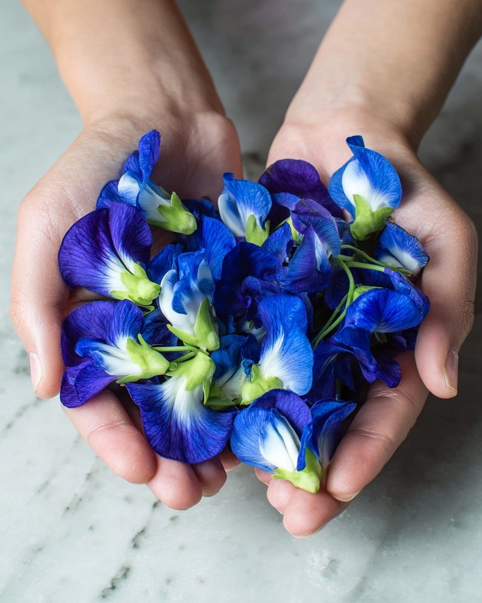 A pair of woman's hands gently hold a bunch of bright blue and white butterfly pea flowers. The flowers have vibrant deep blue petals with white centers and light green stems, creating a striking contrast against the woman's light skin tone. The image is set on a white marbled surface that reflects soft natural light, highlighting the delicate texture of the petals and the smoothness of the skin. photo taken with an iphone --ar 4:5 --v 7