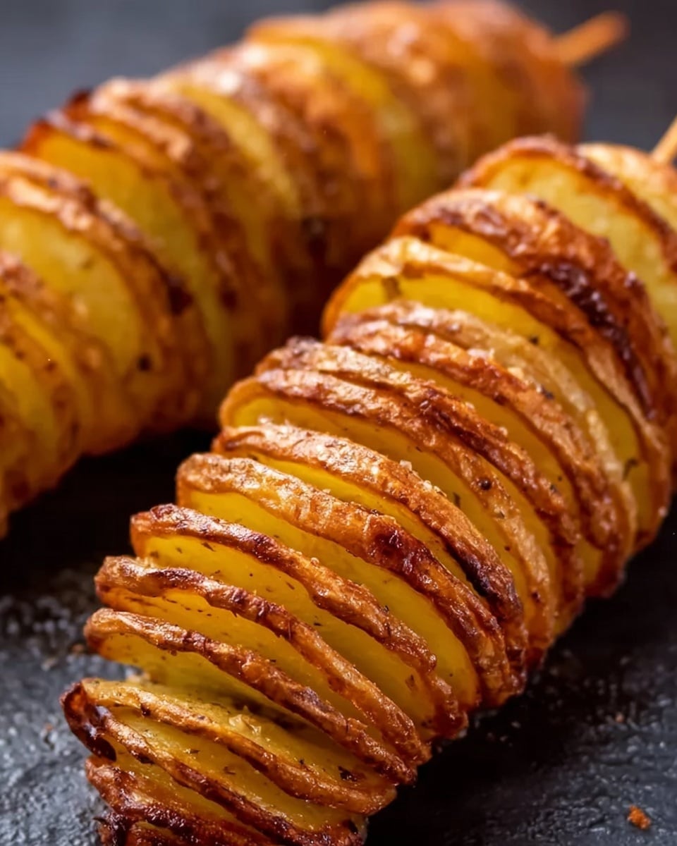 The image shows close-up views of three crispy, spiral-cut potatoes on wooden skewers. Each potato is sliced in thin layers, fanned out evenly along the skewer, showing a golden-brown color with some slightly darker, crispy edges. The texture looks crunchy with a hint of seasoning visible on the surface. The background is a white marbled texture. photo taken with an iphone --ar 4:5 --v 7