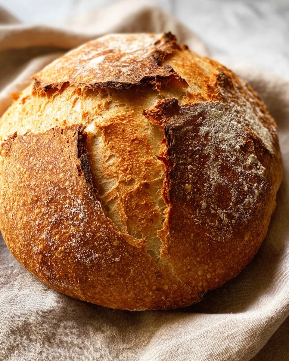 A loaf of bread with a golden brown crust and rough texture is shown, with three thick slices cut and laid out in front of it. The bread's inside is light cream-colored, soft, and fluffy with small even holes. The loaf and slices rest on a neutral-colored cloth over a wooden board. A large knife with a wooden handle sits partly under the cloth next to the bread, all placed on a white marbled surface. Photo taken with an iphone --ar 4:5 --v 7