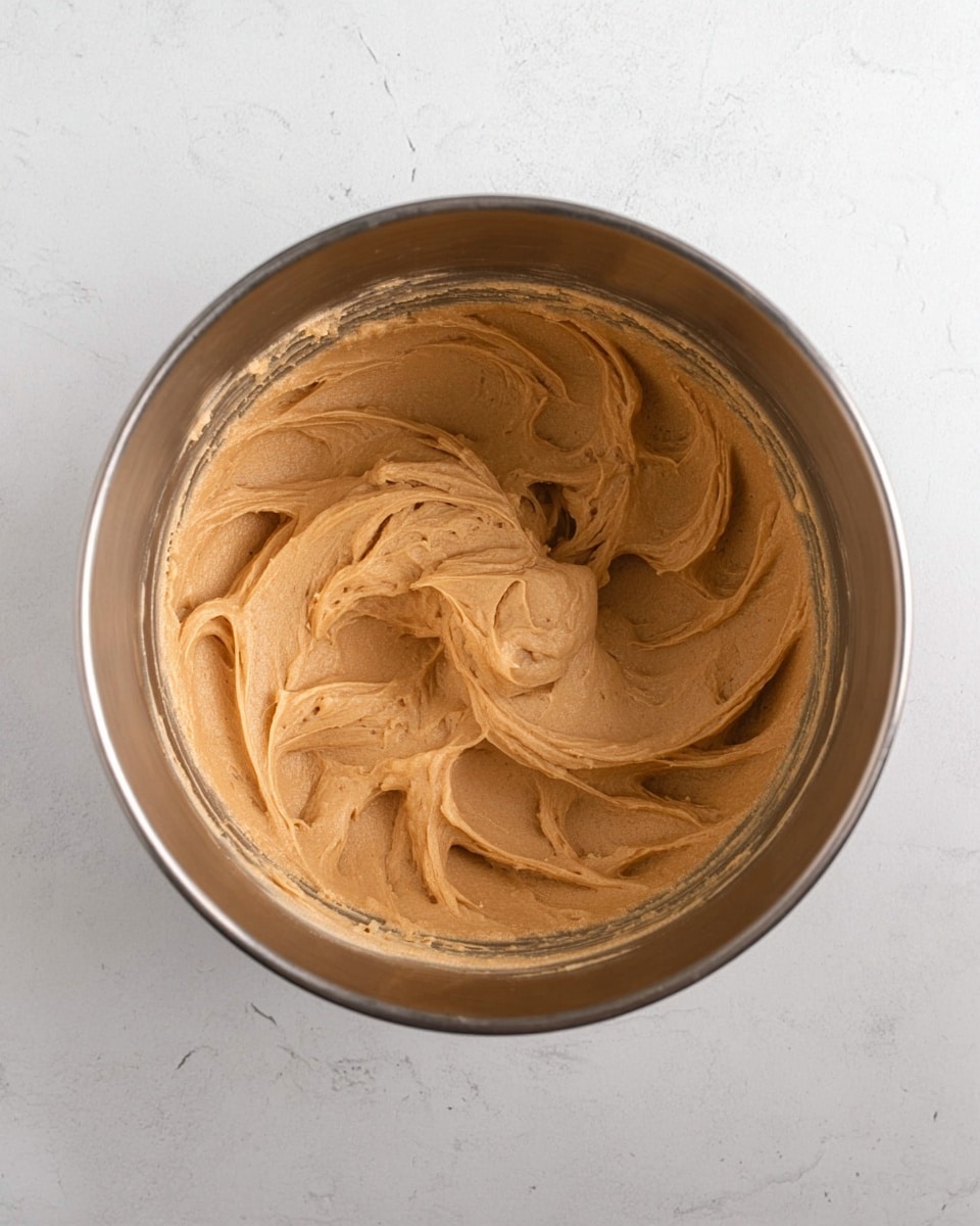A top-down view of a metal mixing bowl filled with smooth, creamy peanut butter-colored dough or batter. The batter has been swirled in the bowl, creating textured waves and soft peaks evenly spread across the surface. The bowl sits on a white marbled textured surface, and the batter’s glossy, thick texture is clearly visible. Photo taken with an iphone --ar 4:5 --v 7