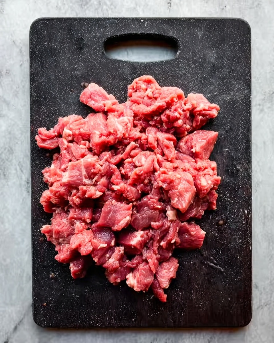A pile of raw, finely chopped red meat is spread loosely on a dark cutting board with a handle at the top center. The meat pieces are irregular in shape and have a soft, moist texture, showing some white fat mixed within. The cutting board has a slightly rough surface and rests on a white marbled texture. Photo taken with an iphone --ar 4:5 --v 7