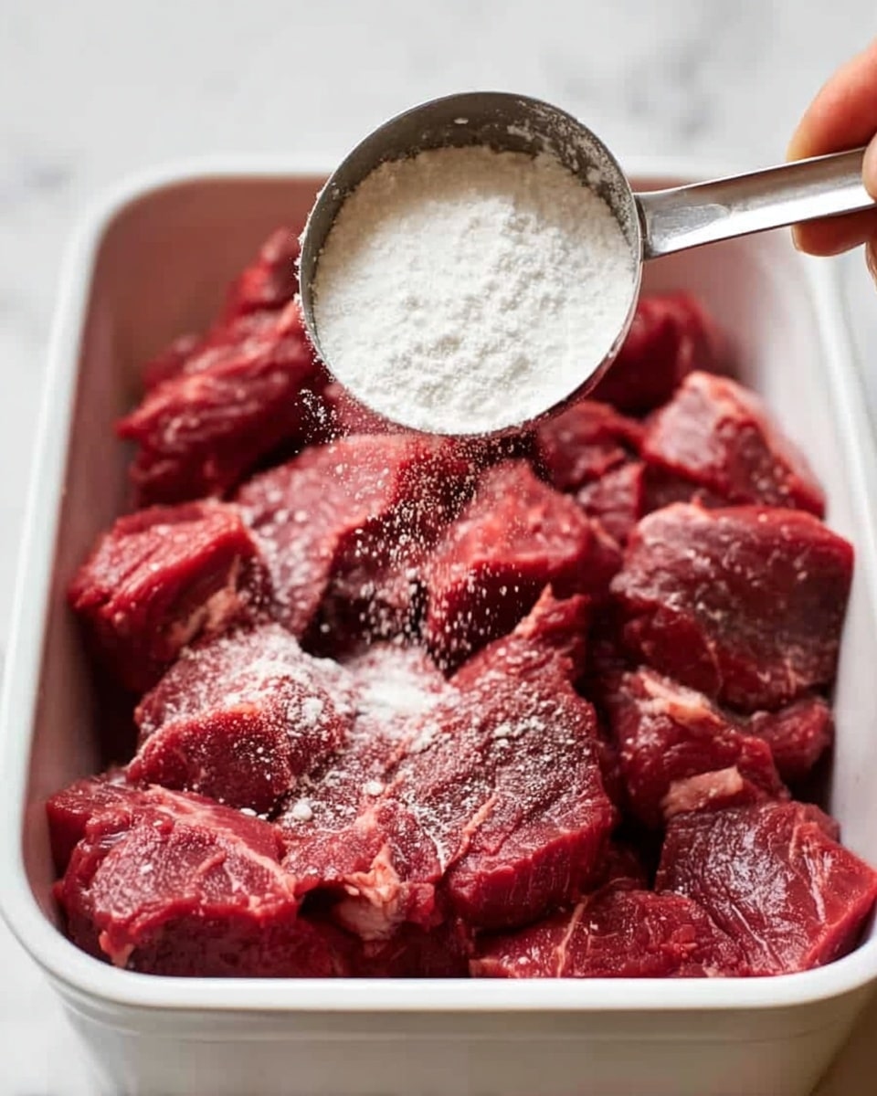 A white rectangular dish is filled with pieces of raw red meat, showing a rich, deep red color and a slightly wet texture. On top of the meat, a woman's hand holds a metal measuring spoon pouring white powder, which gently falls over the meat pieces, creating a light dusting unevenly spread over the meat. The background features a white marbled surface that contrasts subtly with the bright red of the meat and the white dish. The image captures the moment just as the white powder starts settling on the meat. photo taken with an iphone --ar 4:5 --v 7