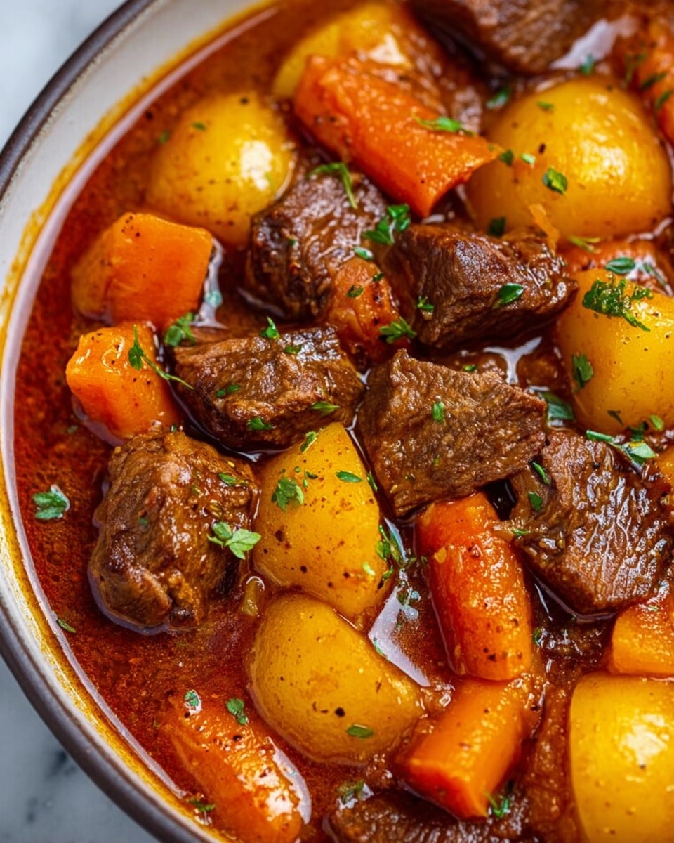 A close-up image of a rich beef stew showing three main layers: dark brown chunks of beef with a slightly rough texture, bright orange carrot pieces that are smooth and cubed, and golden yellow potato chunks with a soft, slightly shiny surface. These ingredients are mixed evenly in a thick, glossy reddish-brown broth, dotted with small fresh green herb leaves scattered on top. The stew is inside a round white bowl seen on the edge with a white marbled surface in the background. photo taken with an iphone --ar 4:5 --v 7