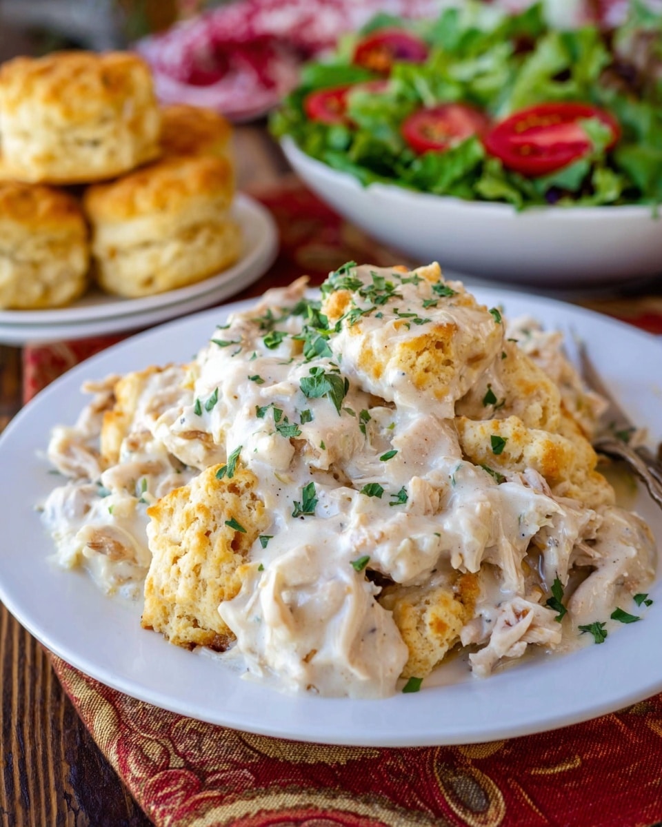 A white plate holds a large, messy pile of biscuit pieces mixed with white creamy gravy and bits of cooked chicken, sprinkled lightly with green herbs on top. The biscuit pieces are golden brown with a crumbly texture that contrasts the smooth white gravy lightly draping over them. In the background, a white plate shows round golden biscuits stacked, and another white plate holds a fresh green salad topped with small red tomato pieces. All this is set on a wooden surface with a red and brown patterned cloth partially visible under the plates, and the setting has a cozy, home-cooked feel. Photo taken with an iphone --ar 4:5 --v 7