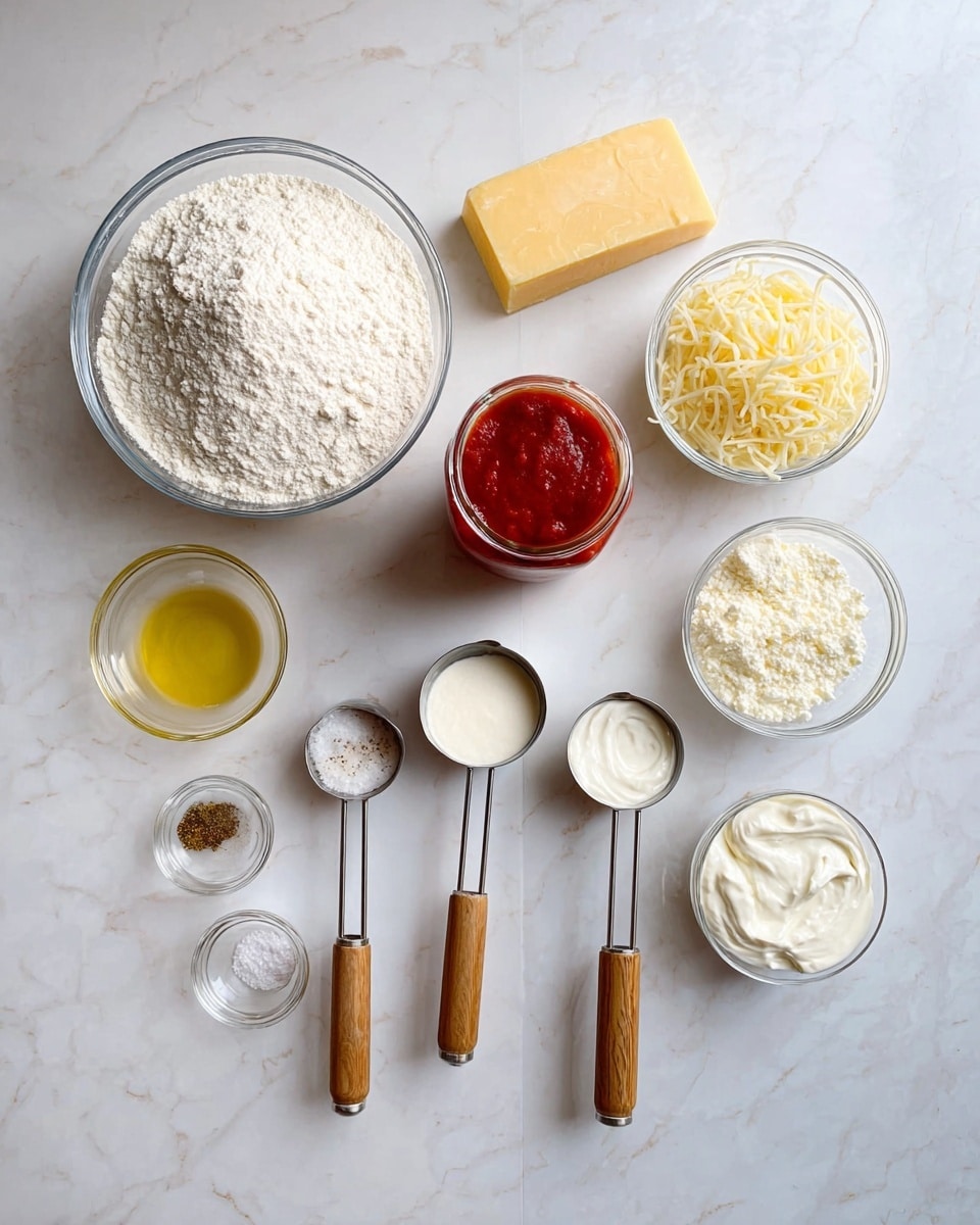 The image shows a top view of several small clear glass bowls and measuring cups arranged on a white marbled surface, each holding different ingredients. Starting from the top left, there is a large glass bowl filled with white flour, next to it is a block of yellow Parmesan cheese. Moving right, there is a small bowl with shredded mozzarella cheese, and beside it, a glass jar with a red sauce inside. Below the jar, a small bowl contains yellowish oil or broth. Toward the middle, two metal measuring cups with wooden handles hold a thick white cream and a softer white cheese, while two smaller glass bowls below them have spices and salt. One more tiny bowl of oil sits on the left side. Everything is neat and spaced evenly, on the white marbled background. photo taken with an iphone --ar 4:5 --v 7