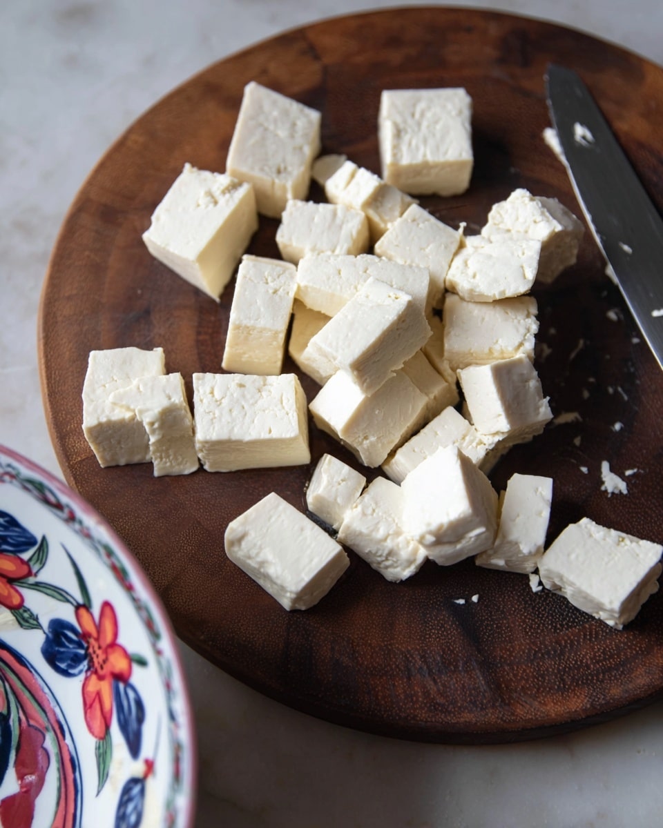 The image shows small white tofu cubes placed on a round dark wooden cutting board with a shiny knife on the right side. The tofu pieces have a soft, smooth texture and are cut into irregular cube shapes, some with slight dents or cracks. On the left bottom corner, part of a white bowl with blue and red flower and leaf designs is visible. The scene is set on a white marbled surface photo taken with an iphone --ar 4:5 --v 7