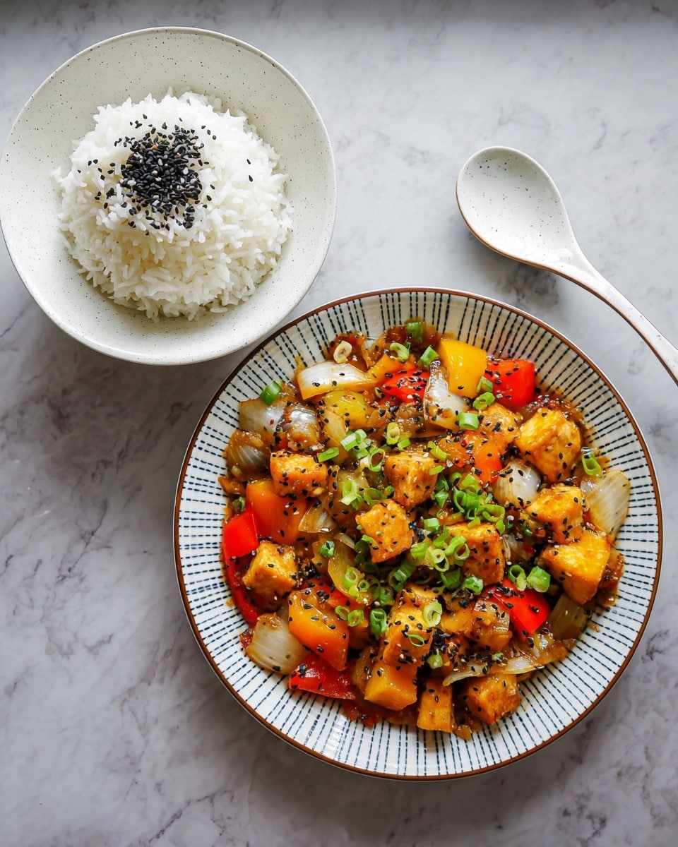 A white bowl filled with plain white rice topped with a small pile of black sesame seeds sits next to a large white plate with thin blue lines around the edge. The plate is full of colorful stir-fried pieces including light brown tofu cubes, yellow and red bell pepper chunks, and diced white onions, all mixed with a glossy sauce. Green chopped spring onions and scattered black sesame seeds garnish the dish for extra color and texture. A white ceramic spoon with light speckles is placed above the bowl and plate on a white marbled surface photo taken with an iphone --ar 4:5 --v 7