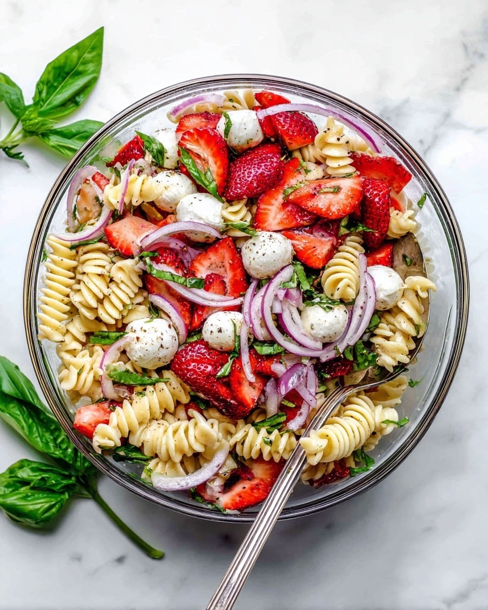 A clear glass bowl holds a fresh pasta salad with three main layers. The bottom layer is made of pale yellow rotini pasta with a soft, smooth texture. On top of the pasta, a mix of bright red sliced strawberries and small white mozzarella balls is spread evenly. Thin slices of purple red onion curl gracefully over the strawberries and cheese, adding contrast. Scattered green basil leaves and mint leaves add fresh green color, while a light sprinkle of black pepper adds tiny dark specks across the salad. A silver spoon stands in the bowl, ready to serve. The bowl sits on a white marbled surface with a few green basil and mint leaves around it, photo taken with an iphone --ar 4:5 --v 7