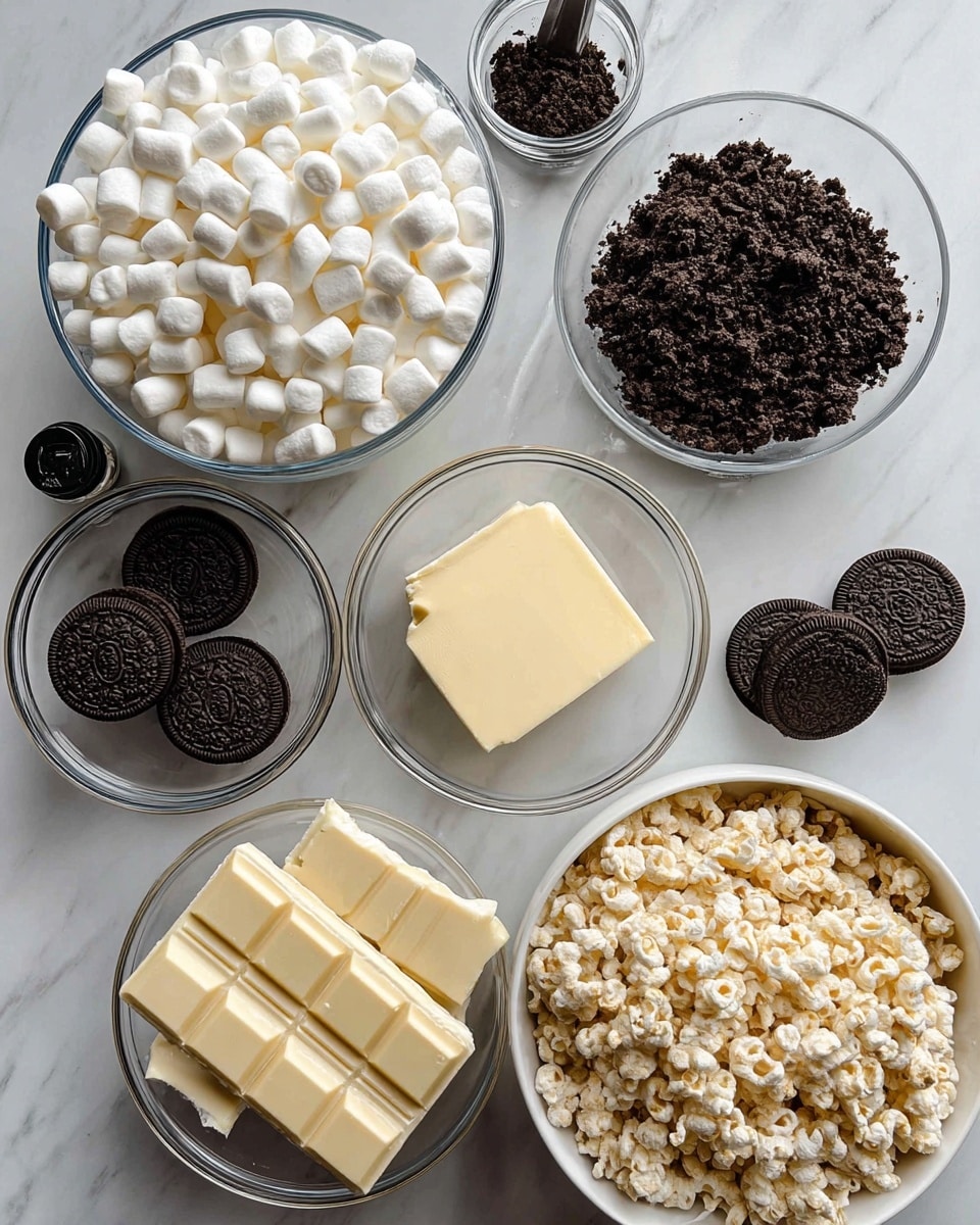 A top view of several clear glass bowls and a white bowl placed on a white marbled surface, each filled with different ingredients. The largest clear bowl near the top center is full of white mini marshmallows with a soft, pillowy texture. To its right, a smaller clear bowl contains finely crushed dark chocolate cookie crumbs. Below that bowl, two whole dark chocolate sandwich cookies sit on the surface. To the left of the cookies, a clear bowl holds a block of pale yellow butter. Below the butter, a clear bowl with stacked creamy white chocolate bars featuring square segments is placed. On the lower left, a smaller clear bowl contains more white mini marshmallows. To its upper left, a measuring cup filled with crushed dark crumbs is visible. Finally, a large white bowl at the bottom right is full of light beige puffy rice cereal clusters. There is also a small black bottle with a black cap placed near the bowls. Photo taken with an iphone --ar 4:5 --v 7