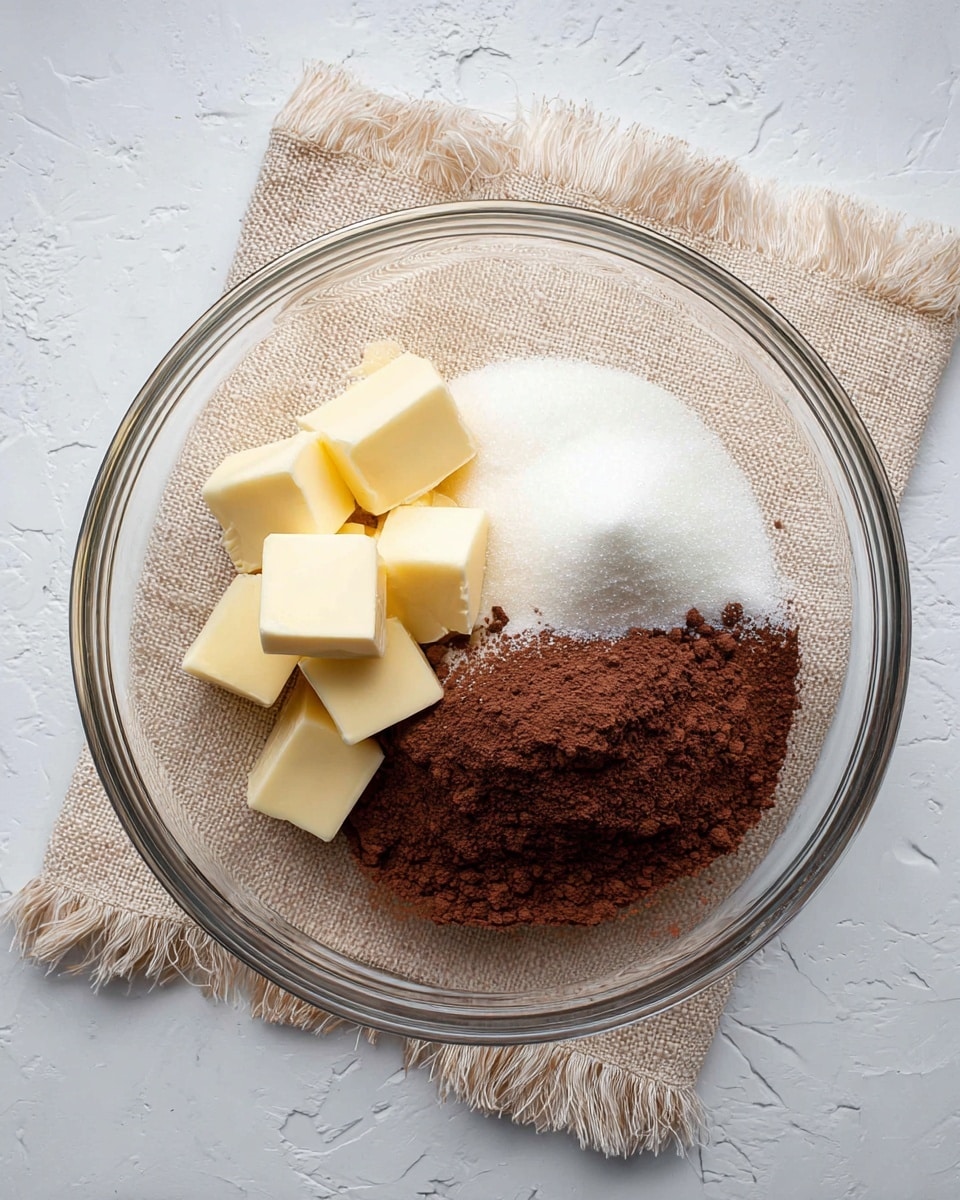 A clear glass bowl sits on a beige cloth with frayed edges on a white marbled surface. Inside the bowl, there are three layers of ingredients: on the left, five small cubes of pale yellow butter in a neat pile; on the top right, a mound of white granulated sugar; below the sugar, a heap of fine dark brown cocoa powder. The ingredients are arranged side by side without mixing, forming a visually clean and organized pattern. photo taken with an iphone --ar 4:5 --v 7