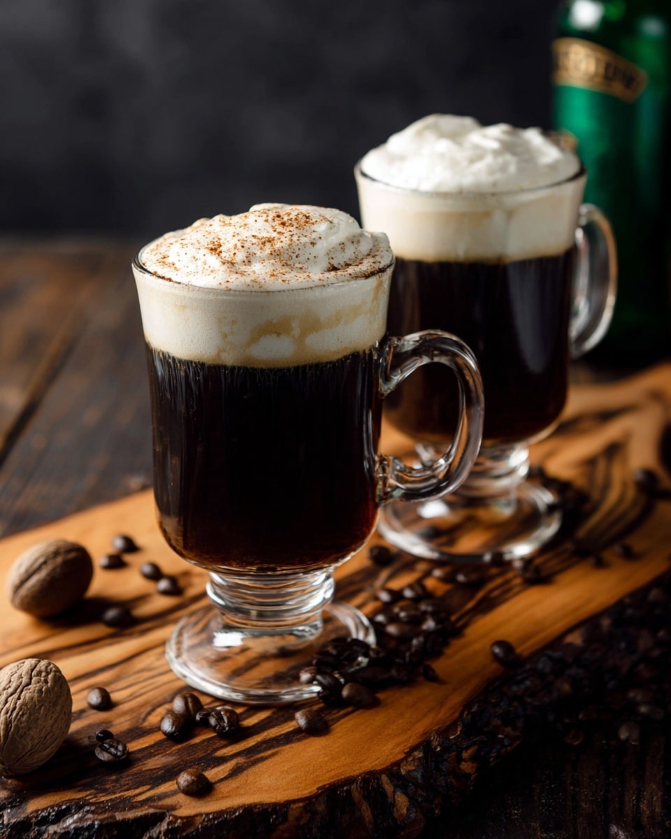 Two clear glass mugs with handles hold dark black coffee, each topped with a thick layer of white creamy foam sprinkled with fine brown spices. The mugs sit side by side on a rough wooden board with natural dark and light wood grain patterns. Around the board, there are scattered dark brown coffee beans and a whole nutmeg. The background is dark, making the coffee and foam layers stand out clearly. Photo taken with an iphone --ar 4:5 --v 7