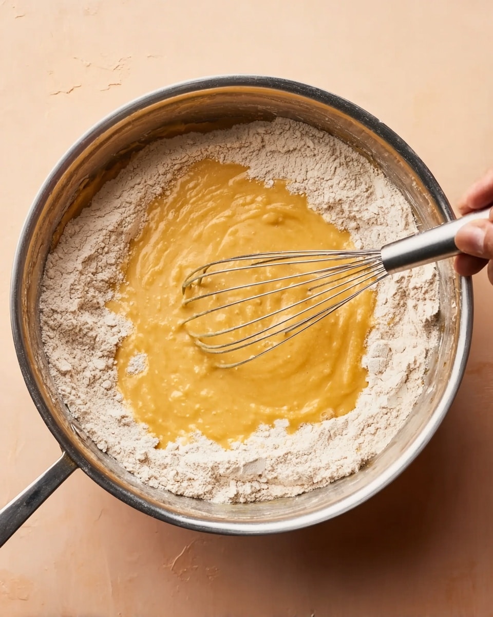 A round metal pot filled with a mix of dry flour around the edges and a thick, yellow liquid batter in the center, being stirred by a metal whisk. The flour looks soft and powdery while the yellow batter is smooth and slightly glossy. The pot is placed on a clean light peach surface, and a woman's hand holding the whisk is mostly out of frame. photo taken with an iphone --ar 4:5 --v 7