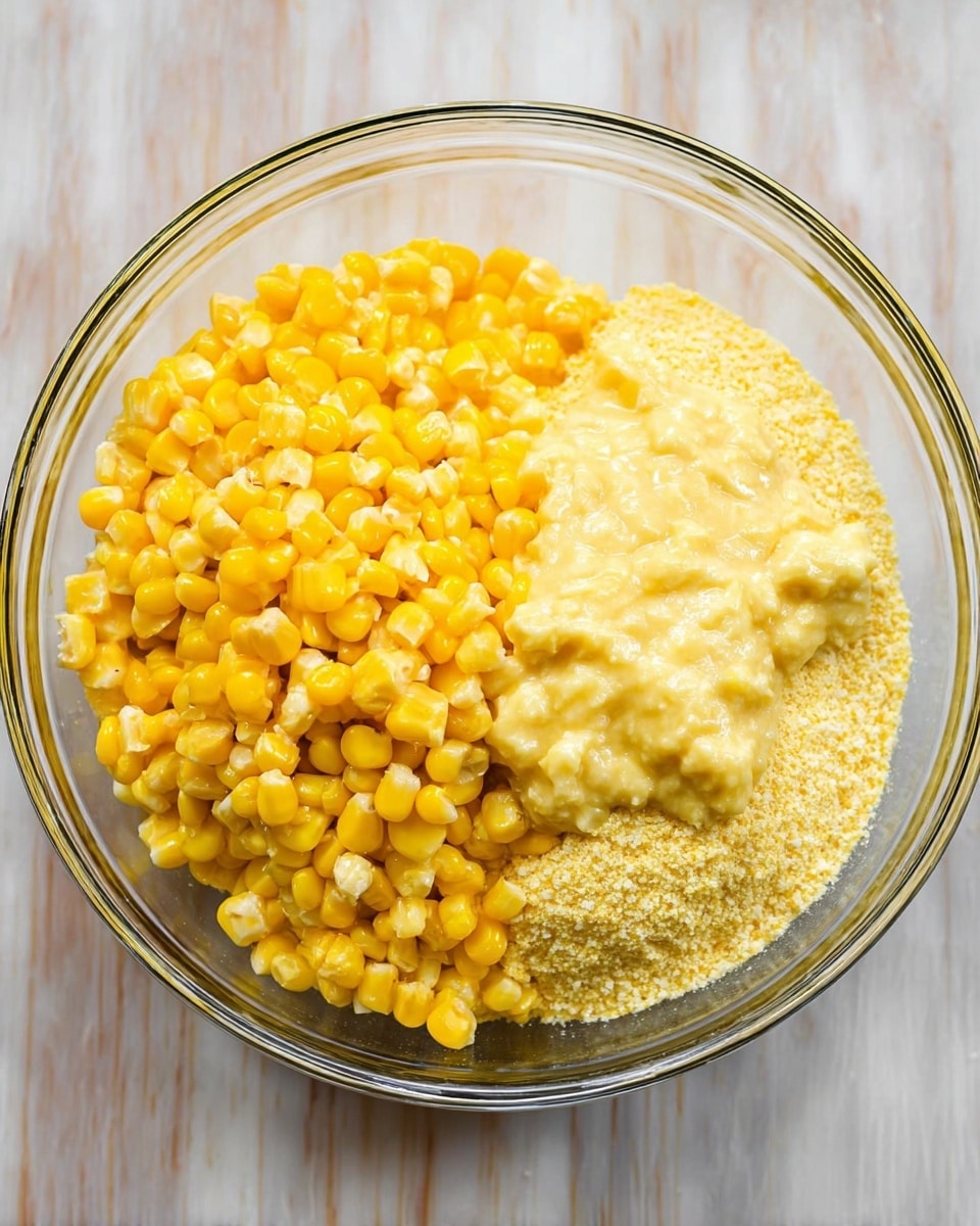 A clear glass bowl holds three layers of ingredients side by side. On the left, there is a bright yellow layer of whole corn kernels with a shiny, smooth texture. On the right side, there is a thick layer of soft, creamy corn mixture with a slightly lumpy texture and a lighter yellow color. Below these two layers and filling the bottom right portion of the bowl, there is a coarse, pale yellow cornmeal layer with a dry, grainy texture. The bowl sits on a white marbled surface. photo taken with an iphone --ar 4:5 --v 7