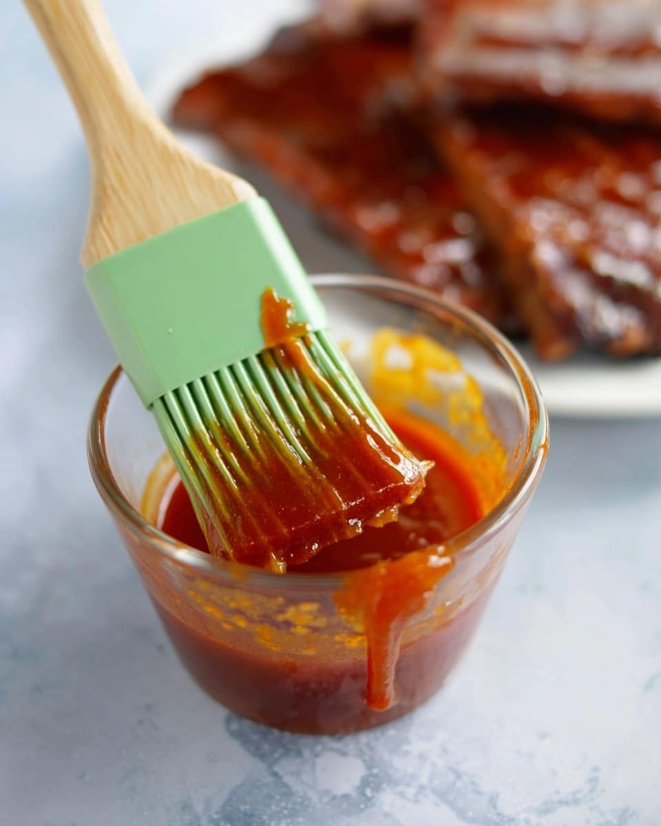 A close-up image shows a clear glass cup filled with thick, shiny reddish-orange barbecue sauce that clings to a green silicone basting brush with a wooden handle resting inside. The sauce drips slightly from the brush bristles. In the background on a white plate, blurred pieces of cooked ribs with a dark brown, glossy glaze are visible. The scene is set on a white marbled surface, giving a clean and bright look. photo taken with an iphone --ar 4:5 --v 7