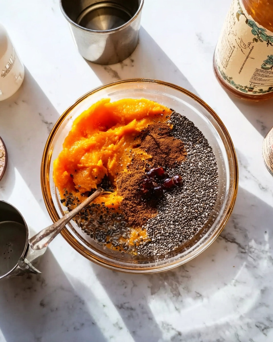 A clear glass bowl sits on a white marbled surface. Inside the bowl, there are four layers of ingredients: a bright orange layer of mashed pumpkin on the left, small black chia seeds spread around most of the bowl, a sprinkle of dark brown powder (likely cinnamon) around the middle, and a few dark red syrup drops near the top center. The bowl is surrounded by small containers, including a small metal cup, a bottle with a beige label on the right, and a white container on the left. The scene is brightly lit, emphasizing the colors and textures. photo taken with an iphone --ar 4:5 --v 7