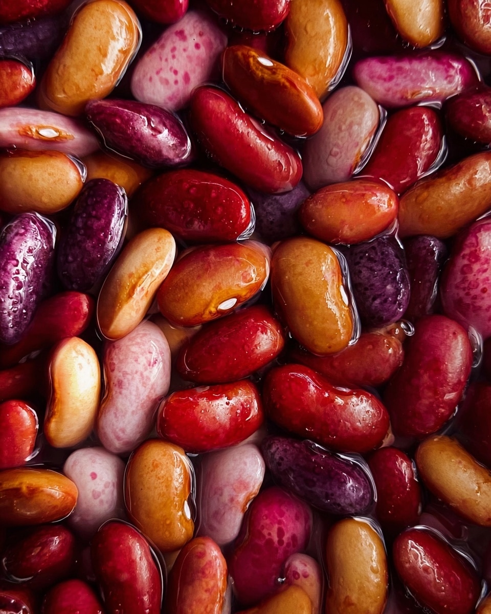 This image shows many soaked kidney beans filling the whole frame. Each bean is shiny and smooth, with colors in warm shades of red, brown, and pink. The beans are tightly packed together, creating a textured surface with small light reflections that make them look wet and fresh. The background is out of focus but has a white marbled texture. There is no dish or bowl visible. photo taken with an iphone --ar 4:5 --v 7
