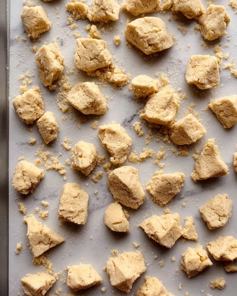 The image shows many small, uneven pieces of light beige dough spread out on a baking tray. The dough pieces have a rough texture with some small crumbs scattered around them. The tray has a greyish tone, and the dough pieces are spaced irregularly. The background is a white marbled texture. photo taken with an iphone --ar 4:5 --v 7