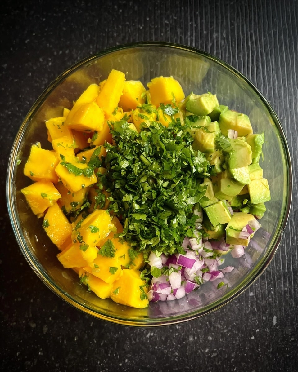 A clear glass bowl filled with different chopped ingredients, showing distinct layers: bright yellow mango cubes, pale green avocado pieces, finely chopped fresh green herbs in the center, and small bits of light purple onion near the bottom. The textures are soft and fresh, all sitting loose inside the bowl on a dark surface. photo taken with an iphone --ar 4:5 --v 7
