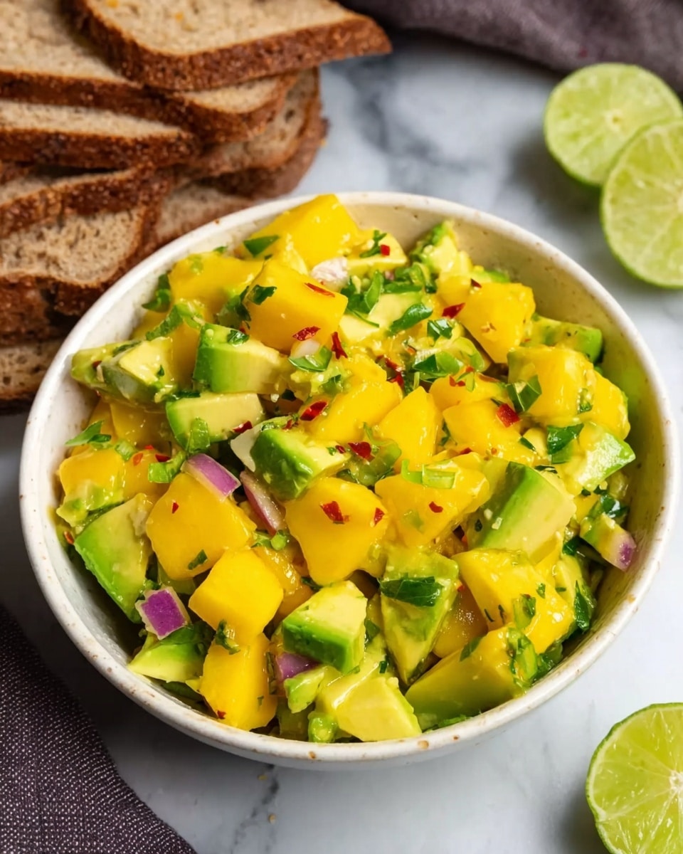 The image shows a white bowl filled with a fresh mango and avocado salad. The salad has large, uneven pieces of bright yellow mango mixed with soft green avocado chunks spread evenly throughout. There are small bits of red onion and tiny red chili flakes scattered on top, adding a touch of color contrast. The bowl sits on a white marbled surface with two lime wedges placed near the top right corner, and a stack of brown bread slices is visible in the blurred background. The scene is lit naturally, highlighting the vibrant colors of the salad. Photo taken with an iphone --ar 4:5 --v 7