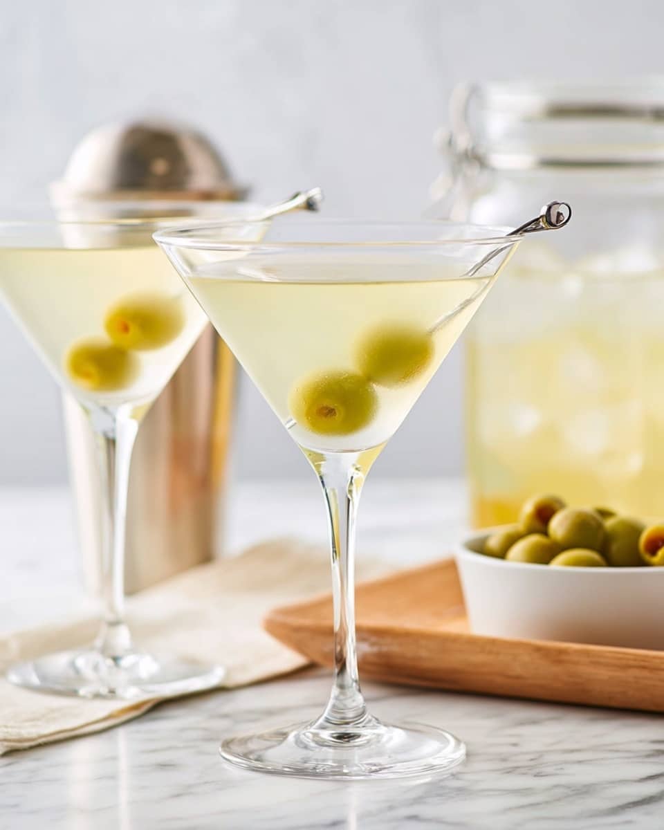 Two clear martini glasses with pale yellow drinks inside are shown, each drink holding two green olives on a thin metal skewer resting near the bottom of the glass. The glasses have long stems and wide bowls that taper to the rim, with the drinks clear and smooth in texture. Behind and to the right, there is a clear glass jar with ice and a light yellow liquid on a wooden tray, and also a small white bowl filled with more green olives. The setting features a white marbled surface and a clean, bright background. Photo taken with an iphone --ar 4:5 --v 7