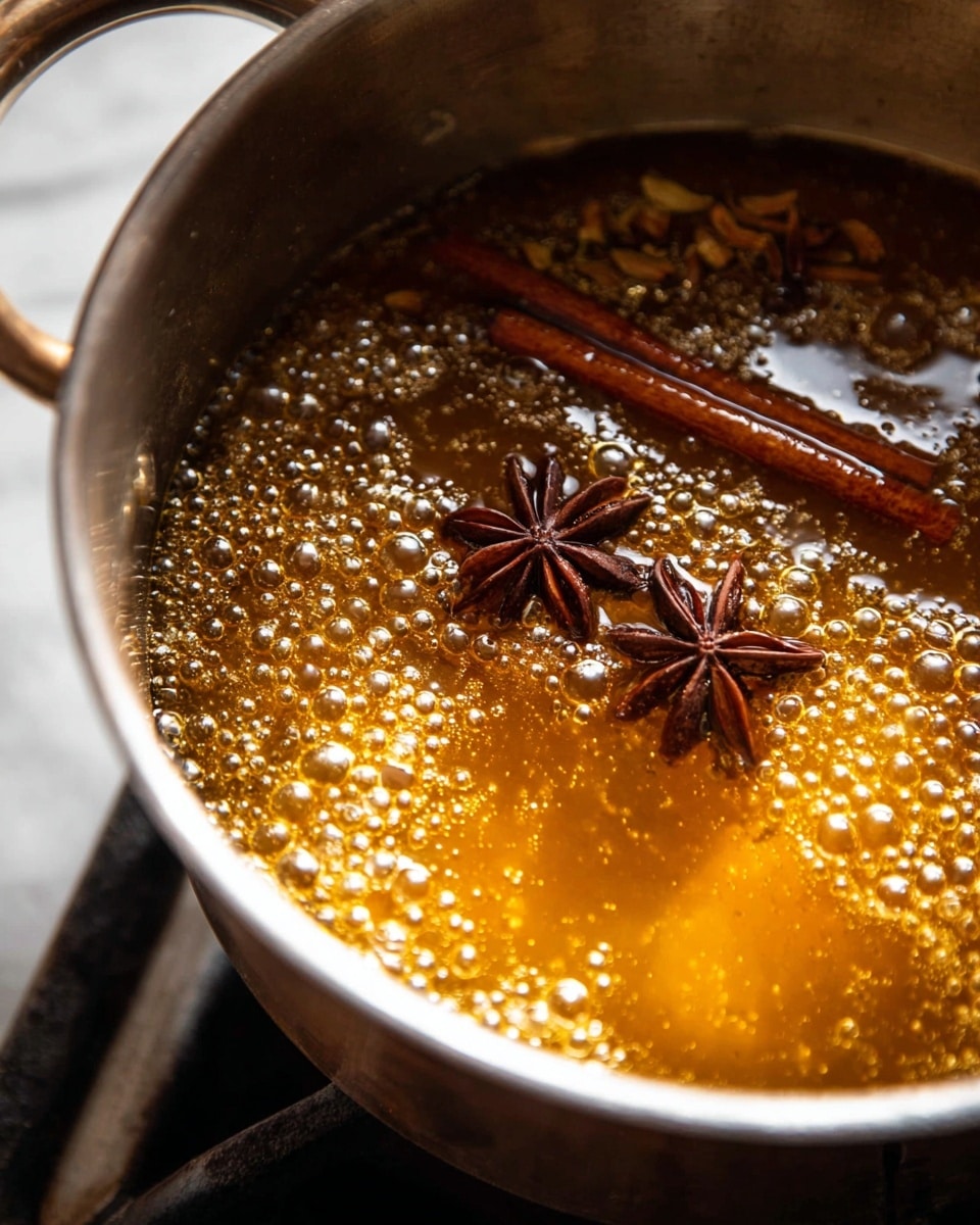 A close-up view of a simmering golden brown liquid in a pot with large, shining bubbles on the surface. Floating on top are two dark brown cinnamon sticks and two star anise pieces, adding texture and contrast to the warm, amber liquid. The pot is metallic and sits on a stove, with parts of the burner visible and a soft light reflecting off the surface, giving a cozy, warm feeling. The background is a white marbled texture photo taken with an iphone --ar 4:5 --v 7