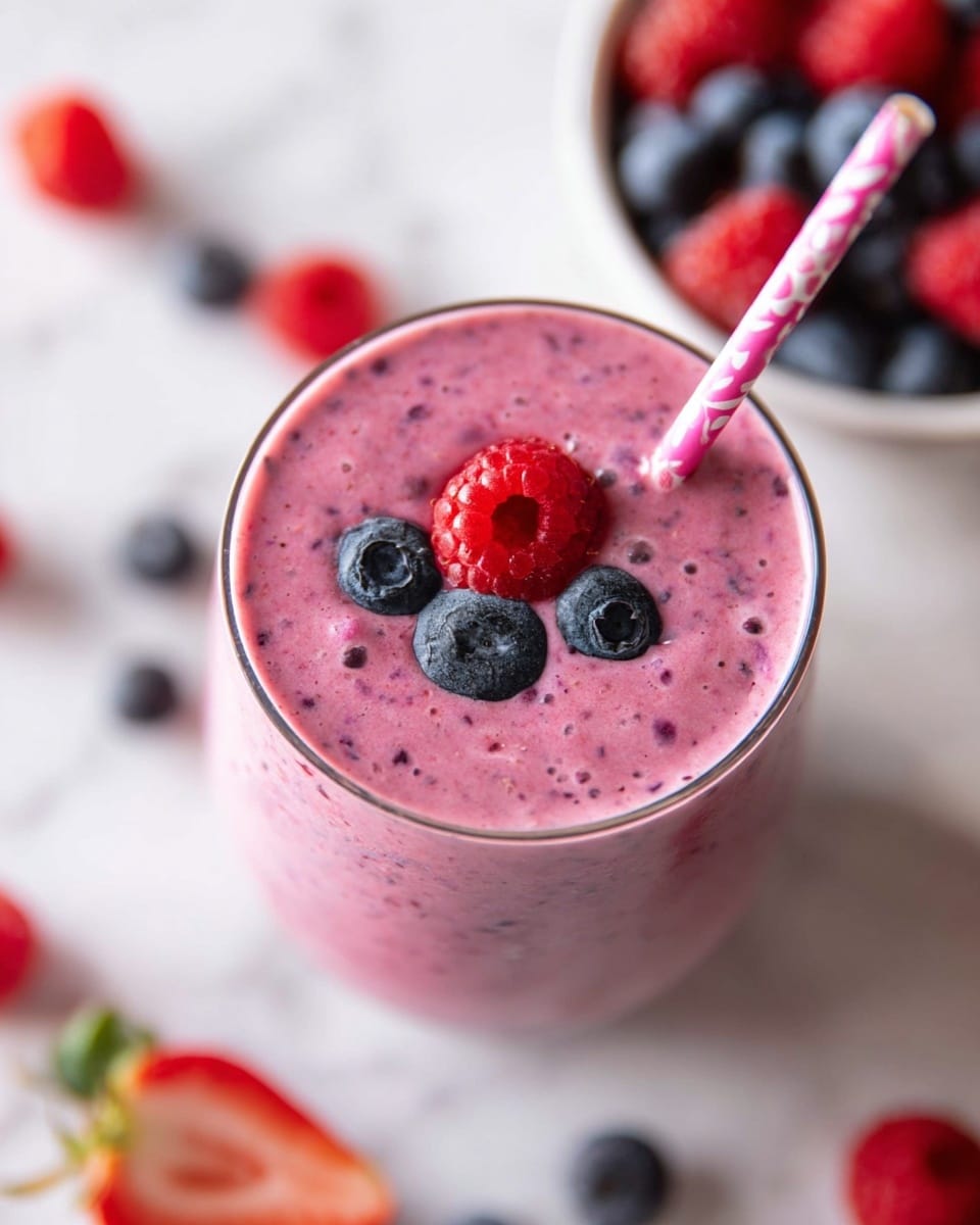 A close-up view of a pink smoothie in a clear glass cup filled to the top, showing a thick and creamy texture with small bits of berries mixed in evenly. The top layer has three berries placed on it—a bright red raspberry positioned near the center and two dark blue blueberries next to it. A pink and white striped paper straw stands upright on the right side of the glass. The glass sits on a white marbled surface, with a few scattered raspberries, blueberries, and a sliced strawberry slightly out of focus around it. The edges of a white bowl filled with mixed berries appear blurred in the top right corner. photo taken with an iphone --ar 4:5 --v 7
