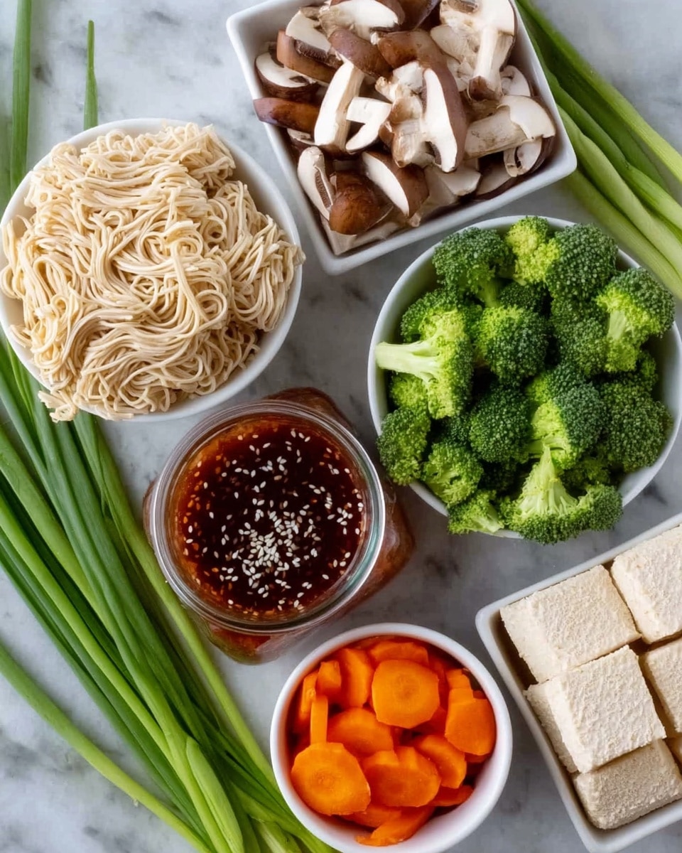 The image shows five bowls arranged on a white marbled surface, each containing different ingredients for a meal. There are three white bowls with dry noodle blocks, two placed on the surface and one bowl with sliced mushrooms. Another white bowl contains bright green broccoli florets, and one more small white bowl holds sliced orange carrots. In the center is a small glass jar filled with dark reddish-brown sauce topped with white seeds, likely sesame. Around these bowls, there are long green stalks placed diagonally. photo taken with an iphone --ar 4:5 --v 7