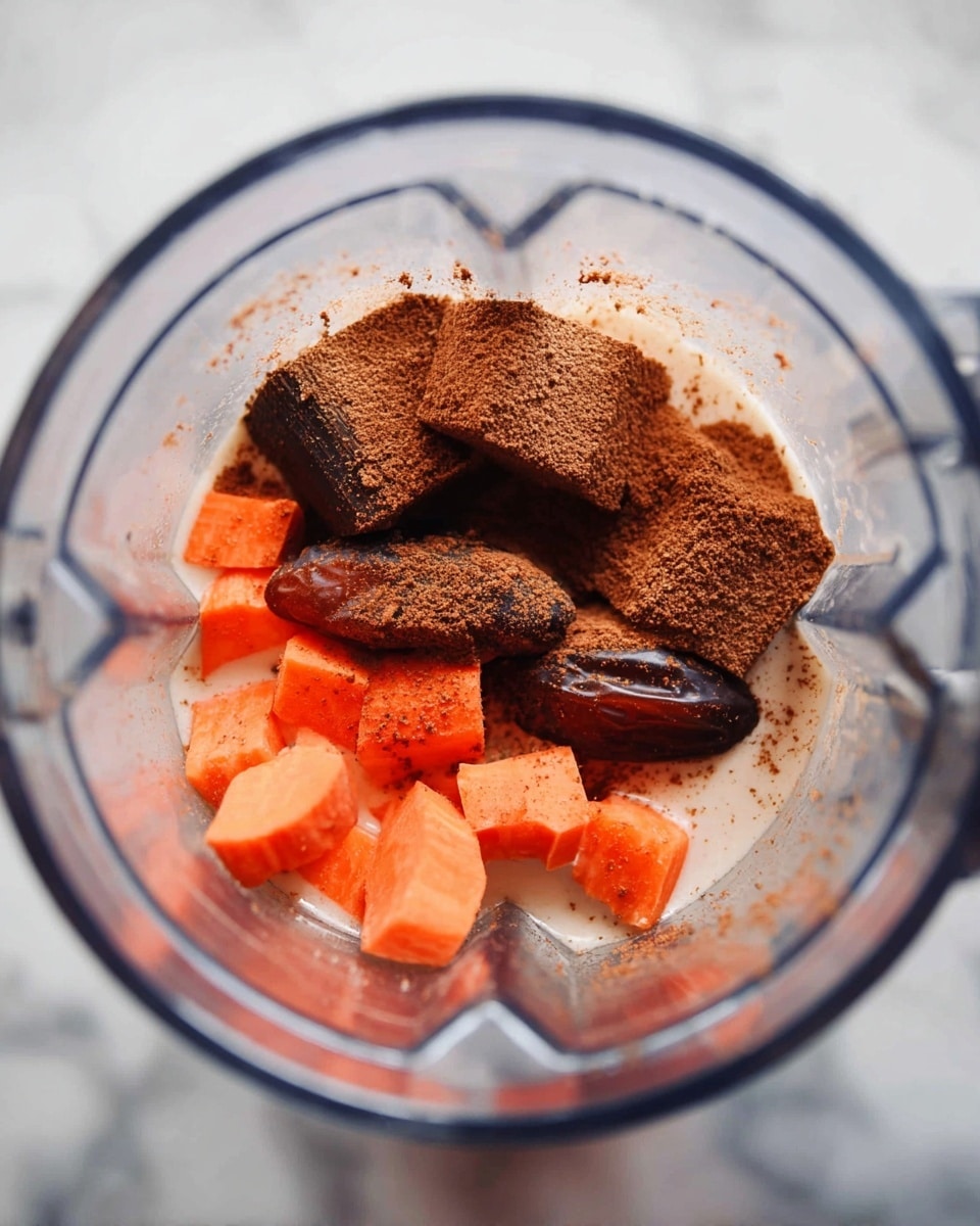 Inside a clear blender container, there are three main layers visible: the bottom layer is creamy white liquid, above that are several dark brown whole dates covered with brown powdery cinnamon, and at the top are bright orange carrot chunks scattered evenly. The container sits on a surface with a white marbled texture. photo taken with an iphone --ar 4:5 --v 7