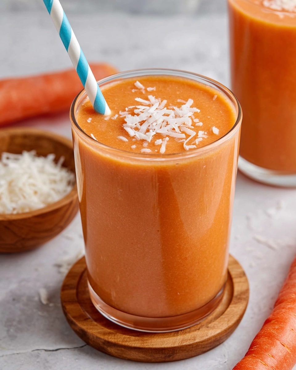A clear glass filled with a thick, smooth orange smoothie topped with white shredded coconut flakes, with a blue and white striped paper straw inserted in the middle. The glass sits on a round wooden coaster placed on a white marbled surface. Behind the glass, a wooden bowl holds more white shredded coconut flakes. Two whole carrots lie next to the bowl, adding an extra touch of orange color to the scene. Another glass filled with a similar orange smoothie is partially visible in the background. Photo taken with an iphone --ar 4:5 --v 7