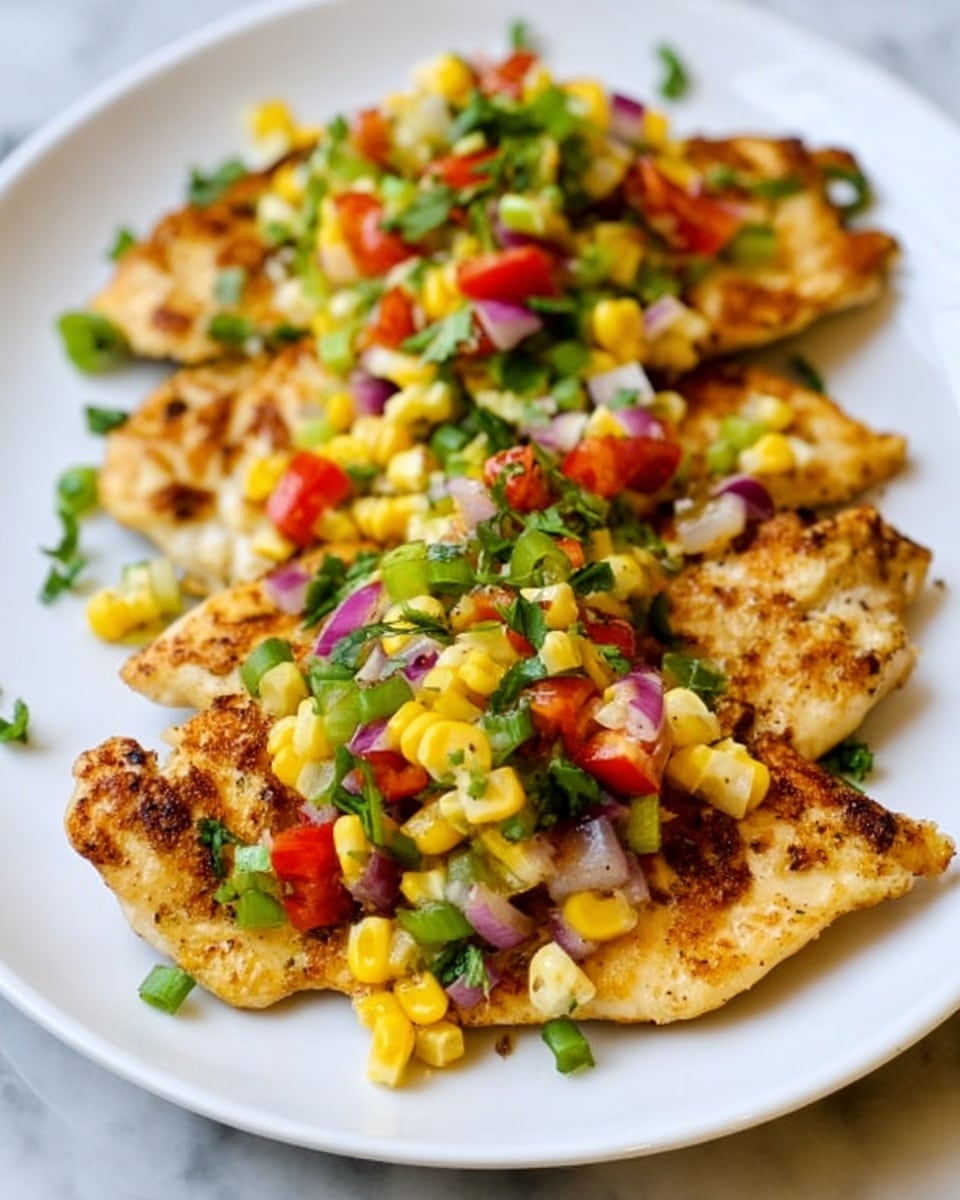 The image shows a white plate with several grilled chicken fillets arranged in a row. Each fillet is golden brown with a slightly crispy texture. On top of the fillets, there is a colorful salsa made of small pieces of yellow corn, red bell pepper, purple onion, green spring onions, and some chopped green herbs. The salsa is piled in the center of the fillets, giving a fresh and vibrant look. The plate is placed on a white marbled surface. The photo taken with an iphone --ar 4:5 --v 7