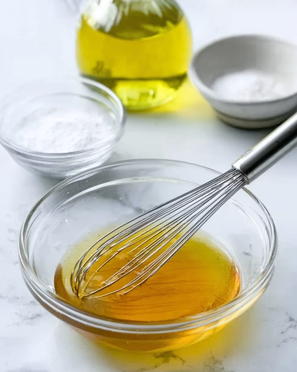 A clear glass bowl sitting on a white marbled surface contains a small amount of golden yellow liquid. Inside the bowl, a metal whisk with a shiny silver finish rests, partially submerged in the liquid. In the background, there is a clear glass container filled with a light yellow oil, a small white ceramic bowl holding white salt, and a small glass bowl of a white powdery substance. The scene is softly lit with natural light, highlighting the smooth texture of the liquid and the glass bowls. Photo taken with an iphone --ar 4:5 --v 7