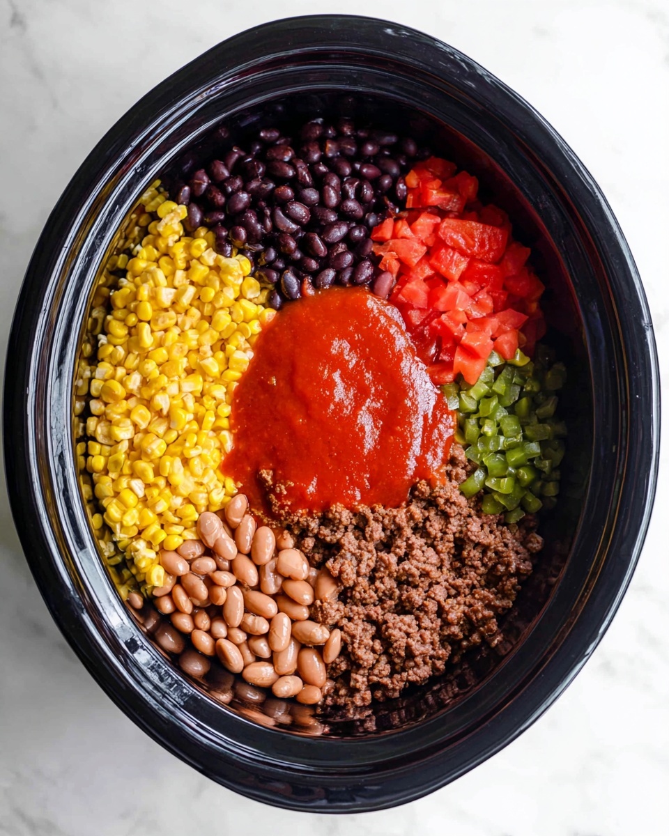 In a black slow cooker bowl, seven colorful layers are neatly arranged without mixing. Starting from the bottom, there is a layer of brown cooked seasoned ground meat with a crumbly texture. Above and moving clockwise, there are dark brown-black beans with a smooth, shiny surface, then bright red diced tomatoes with a juicy texture. Next is a glossy, deep red sauce spread smoothly in a large half-circle shape. Beside it, there are small green chopped peppers with a slightly wet look. Below the peppers, light brown pinto beans with a matte finish are seen. Finally, at the top left, shiny bright yellow corn kernels fill the remaining section. The black bowl rests on a white marbled surface. Photo taken with an iphone --ar 4:5 --v 7