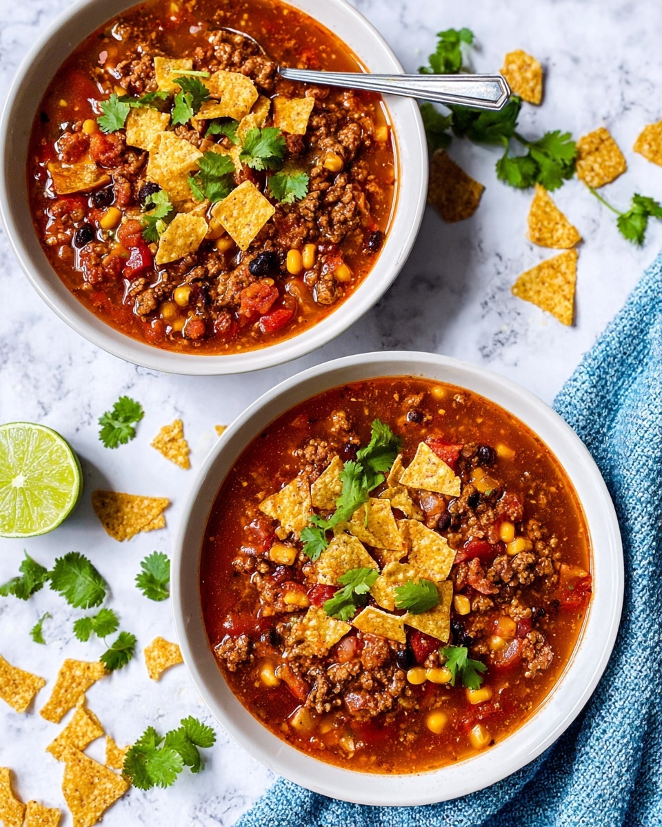 Two white bowls filled with three main layers: a thick red tomato-based soup with visible chunks of browned ground meat, black beans, corn, and diced vegetables, topped with crushed yellow tortilla chips scattered unevenly and fresh bright green cilantro leaves placed on top and around. The bowls sit on a white marbled textured surface with a few tortilla chip pieces scattered nearby, some green cilantro sprigs placed loosely around, and a small blue textured cloth with a lime wedge resting on it. A silver spoon rests inside the bottom bowl. photo taken with an iphone --ar 4:5 --v 7