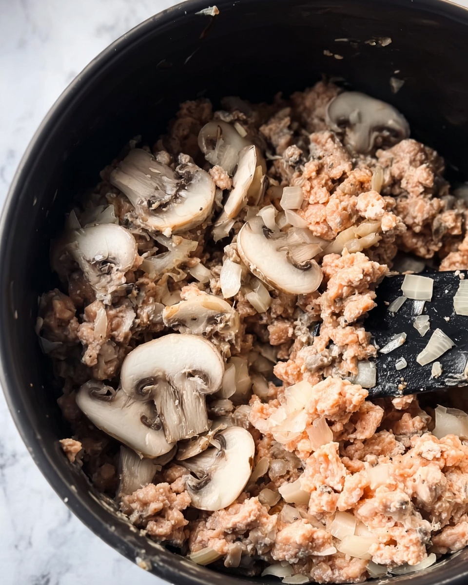 The image shows a close-up of a black pot filled with a mix of raw ground meat, sliced mushrooms, and chopped onions. The ground meat has a light pink color and is scattered unevenly around the pot. The mushrooms are light brown and white, sitting on and mixed into the meat, some pieces showing their gills. The chopped onions are off-white and are mixed throughout the dish, adding texture and contrast. A black spatula is partially visible in the pot, resting on the ingredients. The background surface is a white marbled texture. photo taken with an iphone --ar 4:5 --v 7