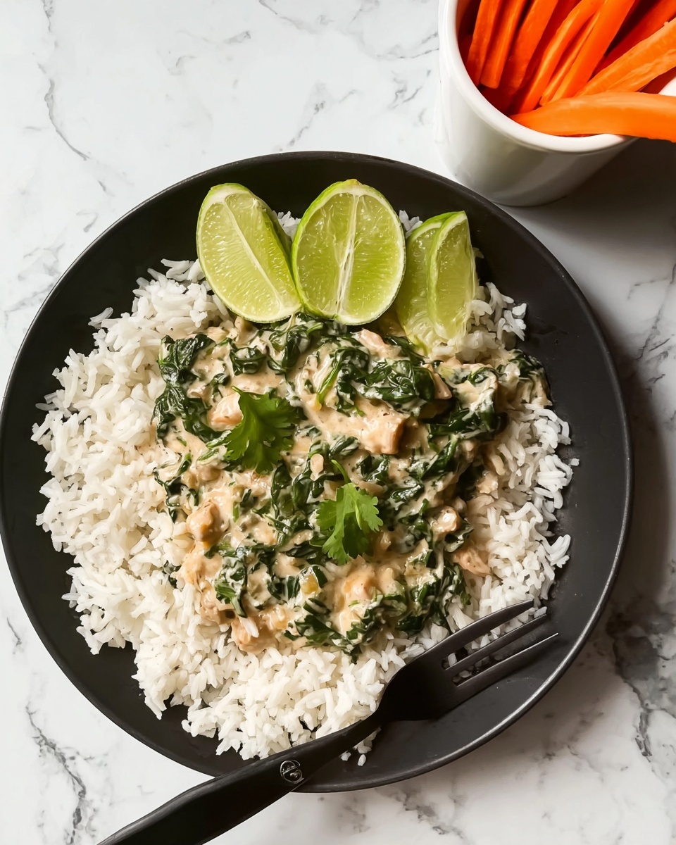 The image shows a black plate filled with a layer of white rice spread evenly across the bottom. On top of the rice, there is a creamy mixture with visible spinach leaves and small pieces of light-colored protein, creating a textured and slightly chunky surface. Three lime wedges are placed neatly at the top edge of the dish, adding a bright green contrast. A black fork rests diagonally over the plate on the right side. Next to the plate, a white cup filled with thin orange carrot sticks sits on a white marbled surface, with a black knife lying beside it. The overall setup looks simple and fresh. photo taken with an iphone --ar 4:5 --v 7